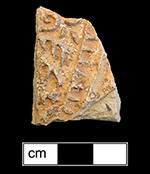 German brown salt glaze stoneware Bartmann bottle with iron oxide slip. Unidentified fragmented medallion, from 18CV60. 
